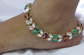 Multi color double line kundan anklet
