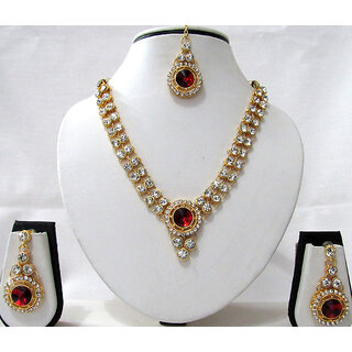                       Maroon Round Stone Necklace Set                                              