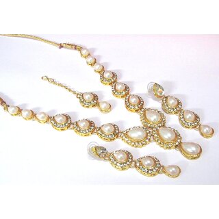                       White Pearl Tilak stone Necklace set                                              