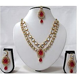                       Dark Pink 2 Line Tilak Stone Necklace Set                                              