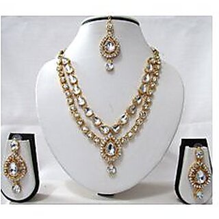                       White 2 Line Tilak Stone Necklace Set                                              