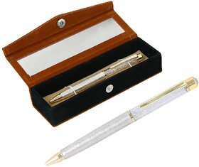 German Silver White Crystal Filled Ball Pen With Velvet Gift Box