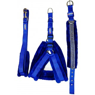                       Petshop7 Blue Nylon Harness, Collar  Leash with Fur 1.25 Inch Large                                              