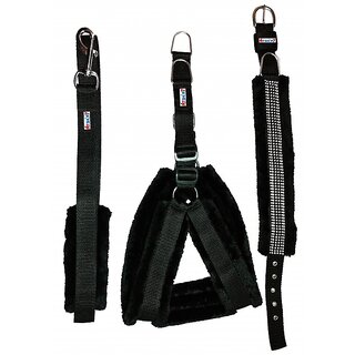                       Petshop7 Black Nylon Harness, Collar  Leash with Fur 1.25 Inch Large                                              