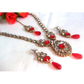                       Red drop kundan necklace set                                              