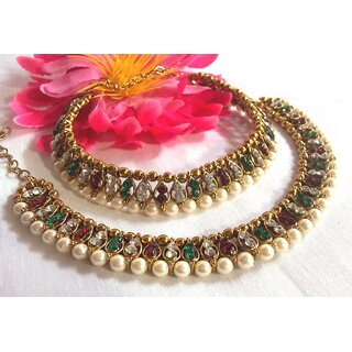                       White pearl multi color stone anklet                                              