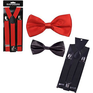 Ws deal unisex red and black stretchable suspender with bow combo