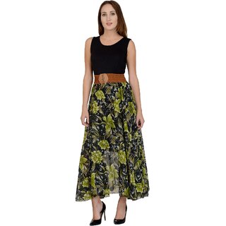 Westchic Black with Green Flower with Belt Long Dress