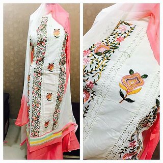Women Latest Designer Wear Dress Materials In WHite Color With Orange Color Work (Unstitched)