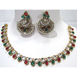                       Maroon Green Small Tilak Drop Necklace Set                                              