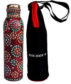 Rastogi Handicrafts Pure Copper Water Bottle For (Joint Free Amp Leak Proof)New Red Hand Painted Art Work , With A Insulated Bag