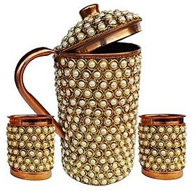 Rastogi Handicrafts Pure Copper Jug - 2 Glass Drinkware Set Dinnerware Tableware Pitcher Outer Decorated