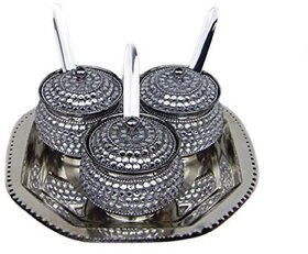 Rastogi Handicrafts Decorative 3 Bowl Tray Silver Stainless Steel Serving Set
