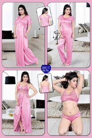 Daily Night Wear Set 6pc Bra Panty T-Shirt Pajama Nighty  Over Coat Daily Night  Robe Bed Dress Pink Sleepwear 2061E