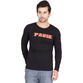 Pause Black Solid Full Sleeve Round Neck Tee For Men