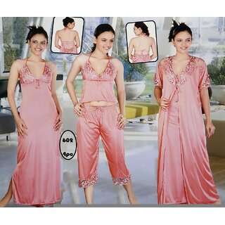                       Womens Sleep Wear Set 4pc Top Capri Nighty Over Coat Fancy Night Set Bed R                                              