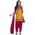 Decent world Yellow Cotton Satin Embroidered Unstitched Dress Material With Matching Dupatta
