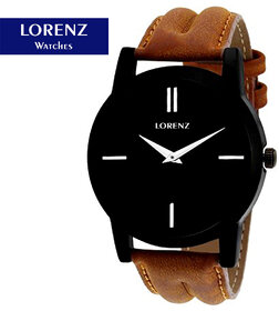 LORENZ 1013A Men's Round Black Dial Tan Synthetic Strap Watch