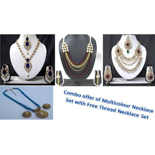                       Combo Offer of Multicolour Necklace Set with Free Sky Blue Thread Necklace                                              