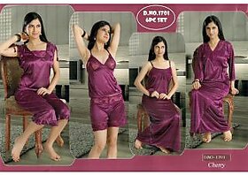 Sexy 6pc Night Wear Set Top Shorts Sleep Shirt Capri Nighty  Over Coat Fancy Bedroom Lounge Intimate Womens 1701 Cherry Colour