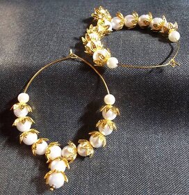 Golden flower cover pearl hoops earrings