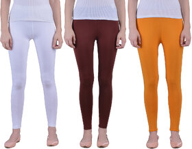 Dollar Missy Women'S Combo Of 3 Cotton Slim Fit White,M Brown And Mustard  Ankle Length Leggings