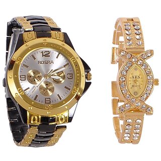 Rosra GoldenBlack And Aks Golden Collection Fancy Couple Analog Watches For Men And Women Rosra GoldenBlack And Aks Golden Collection Fancy Couple Analog Watches For Men And Women