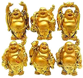 Feng Shui Golden Set Of Laughing Buddha 6 Pc Set