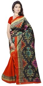Svb Sarees Orange Multicolor Bhagalpuri Silk Block Print Saree With Blouse