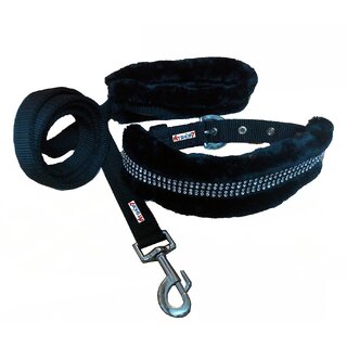 Petshop7 Nylon Dog Collar  Leash with Fur 1.25 Inch-Black-Large