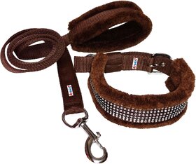 Petshop7 Nylon Dog Collar  Leash with Fur 1.25 Inch-Brown-Large