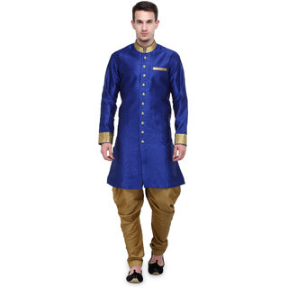 RG Designers Royal Blue And Gold Plain Sherwani For Men