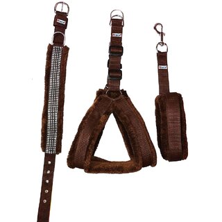 Petshop7 Nylon Brown fur 1 Inch Medium Dog Harness, Dog Collar  Leash (Chest Size  26-30 inch)
