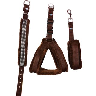Petshop7 Nylon Brown fur 1 Inch Medium Dog Harness, Dog Collar  Leash (Chest Size  26-30 inch)
