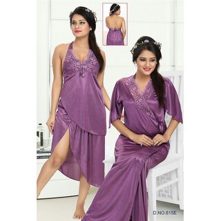                       Womens 3pc Sleepwear Top Skirt Over Coat Ash Wine Purple 615e Night Set D                                              