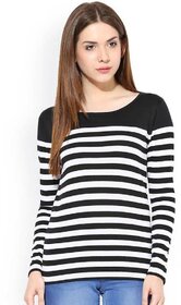 Raabta Fashion Black & White Striped Round Neck Polycotton Solid T-Shirt for Women