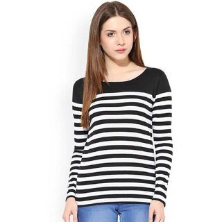 Raabta Fashion Black & White Striped Round Neck Polycotton Solid T-Shirt for Women