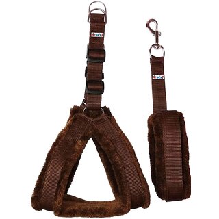 Petshop7 Nylon Dog Harness  Leash set with Fur 1.25 inch Large - Brown ( Chest Size - 28-34 )