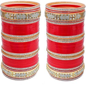 Lucky Jewellery Red Bridal Golden & White Stone Chura Designer Fashion Choora Punjabi Wedding Chuda Set