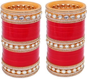 Lucky Jewellery Red Designer White Kundan  Golden Stone Bridal Chuda Fashion Punjabi Choora Wedding Chura Set