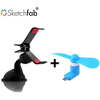 Sketchfab Combo of Universal Car Mobile Holder Single 360 Degree Rotating V8 Micro USB OTG Fan for OTG Supported - Assorted Color