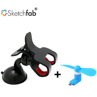 Sketchfab Combo of Universal Car Mobile Holder Double 360 Degree Rotating V8 Micro USB OTG Fan for OTG Supported - Assorted Color