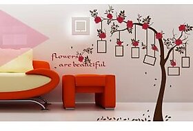 Jaamso Royals ' Photo frame family tree red flower ' Wall Sticker (PVC Vinyl, 90 cm X 60 cm, Decorative Stickers)