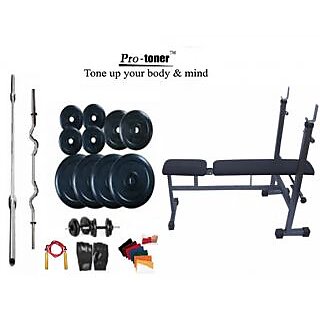 Protoner Weight Lifting Home Gym 35 Kg+Inc/Dec/Flat Bench+4 Rods(1 Zig Zag)+Accessories