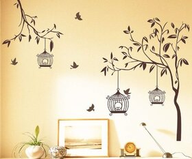 Walltola PVC Multicolor Nature Brown Wall Sticker-Tree With Birds and Cages (50X70 cm)