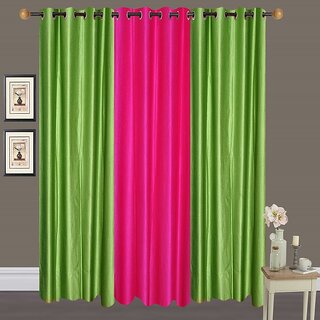 Hdecore Polyester 2 Green 1 Light Pink Door Curtain (7 Feet)