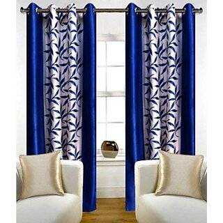                       Polyester Blue Floral Eyelet Window  Door Curtain                                              