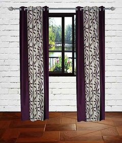 Purple Polyester Floral Eyelet Long Door Curtain - Pack of 2