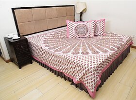 Bohomandala Hand Block Peacock Feather Cotton Double Bedsheet With 2 Pillow Covers - Pink