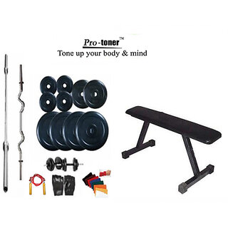                       PROTONER Weight Lifting Home Gym 60 Kg+Flat Bench+4 Rods(1 Zig Zag)+Accessories                                              